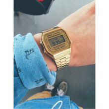 Load image into Gallery viewer, Casio Retro A168WG-9WDF Gold Dial Digital On Gold Stainless Steel Worn Shot Lady