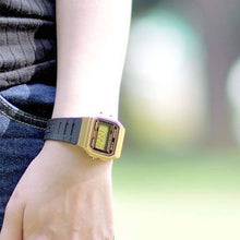 Load image into Gallery viewer, Casio Retro F-91WM-9ADF Matt Gold Case On Black Resin Worn Shot 2