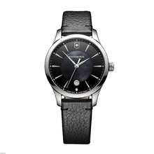 Load image into Gallery viewer, Victorinox Alliance 241754 Stainless Steel Case With Silver Markers On Black Mother Of Pearl Dial On Black Leather Wrist Shot