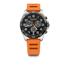 Load image into Gallery viewer, Victorinox Fieldforce 241893 White Markers On Black Dial Stainless Steel Case Orange Rubber Wrist Shot