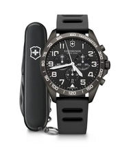 Load image into Gallery viewer, Victorinox Fieldforce 241926.1 White Markers On Black Dial & Black PVD Stainless Steel Case Black Rubber With Spartan PS Knife Wrist Shot