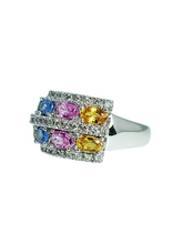 Load image into Gallery viewer, 14ct White Gold Multi Colour Sapphire Diamond Ring Diagonal Left
