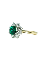Load image into Gallery viewer, 18ct Yellow Gold Round Emerald Diamond Ring Diagonal Left
