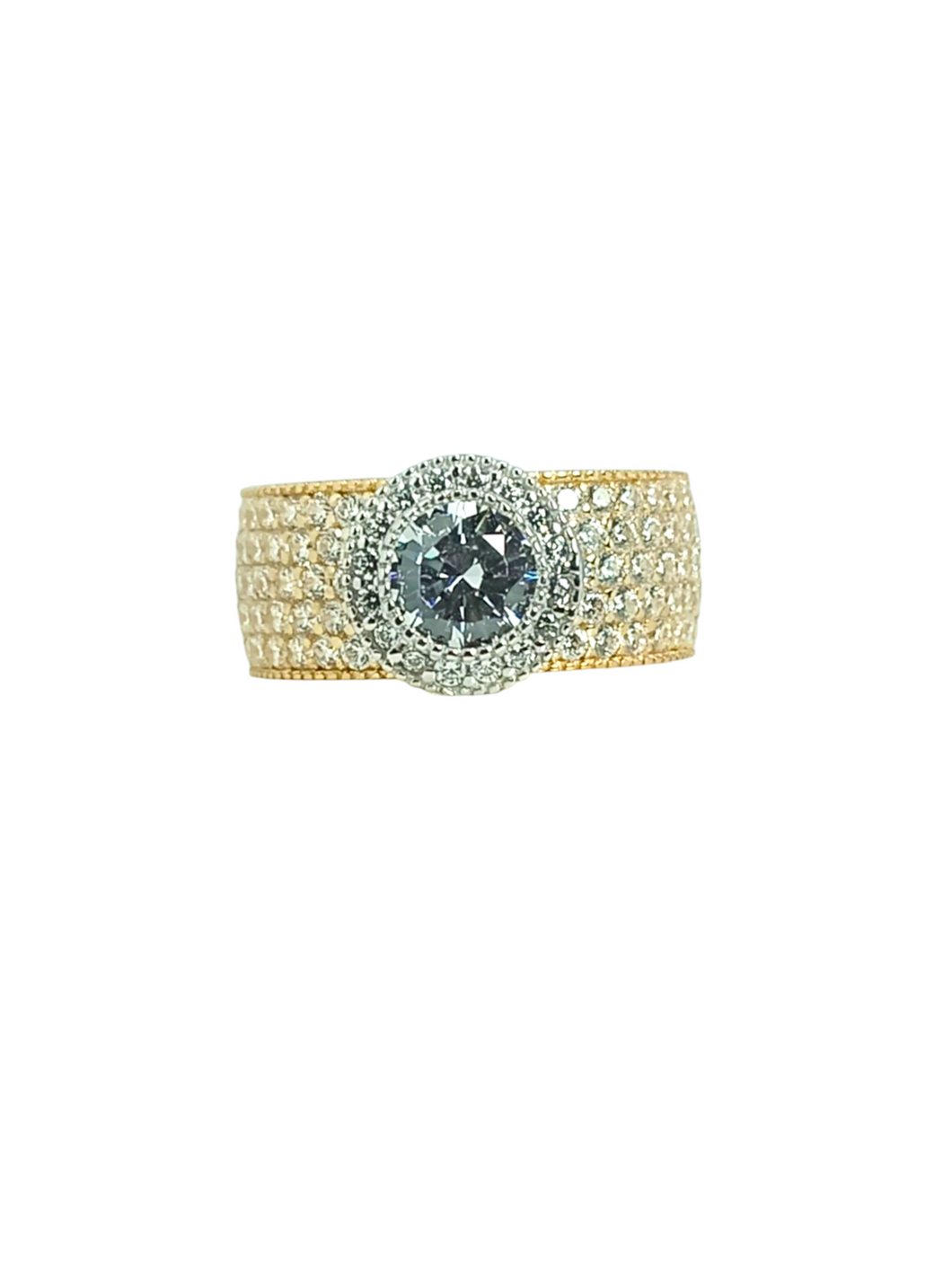 9ct Gold Brillaint Cut Halo Broad Band Cubic  Engagement Wedding Ring Front