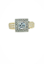Load image into Gallery viewer, 9ct Gold Princess Cut Halo Cubic Zirconia Engagement Wedding Ring Double Row CZ On Band Front
