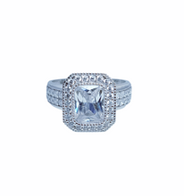 Load image into Gallery viewer, 9ct White Gold Emerald Cut Halo Cubic Engagement Wedding Ring Front
