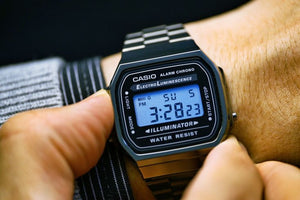 Casio Retro A168WGG-1ADF Black Dial Digital On Gun Metal Stainless Steel Worn Shot 2
