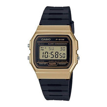 Load image into Gallery viewer, Casio Retro F-91WM-9ADF Matt Gold Case On Black Resin Wrist Shot
