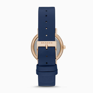 Skagen Signatur Watch SKW2838 Ladies Rose Gold On Blue Leather Clasp Shot