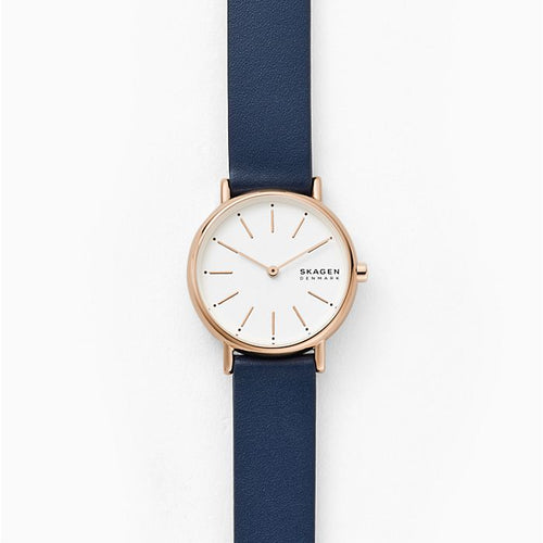 Skagen Signatur Watch SKW2838 Ladies Rose Gold On Blue Leather Enlarged