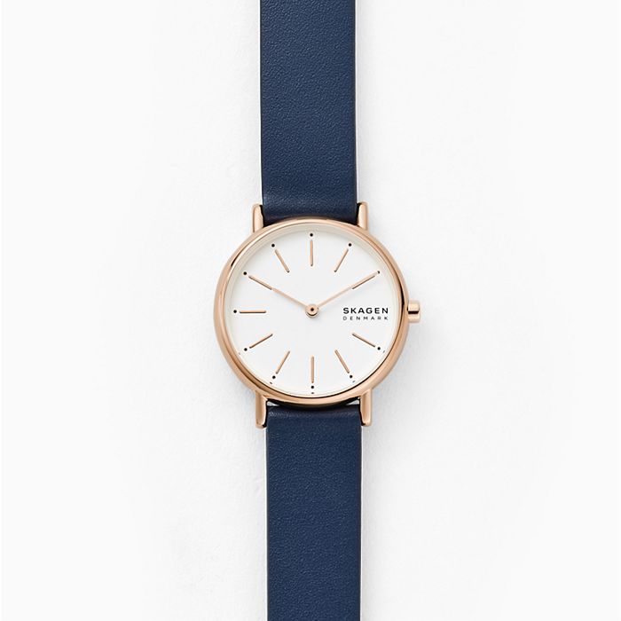 Skagen Signatur Watch SKW2838 Ladies Rose Gold On Blue Leather Enlarged