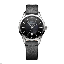 Load image into Gallery viewer, Victorinox Alliance 241754 Stainless Steel Case With Silver Markers On Black Mother Of Pearl Dial On Black Leather Wrist Shot
