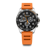 Load image into Gallery viewer, Victorinox Fieldforce 241893 White Markers On Black Dial Stainless Steel Case Orange Rubber Wrist Shot
