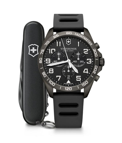 Victorinox Fieldforce 241926.1 White Markers On Black Dial & Black PVD Stainless Steel Case Black Rubber With Spartan PS Knife Wrist Shot