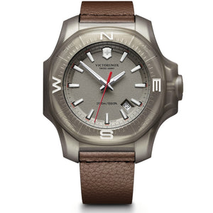 Victorinox INOX 241738 Grey Dial On Brown Leather Wrist Shot With Bumper