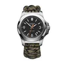 Load image into Gallery viewer, Victorinox INOX 241894 White Markers On Black Dial Camou Paracord Steel Case Orange Rubber Wrist Shot
