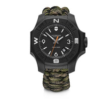 Load image into Gallery viewer, Victorinox INOX 241894 White Markers On Black Dial Camou Paracord Steel Case Orange Rubber Wrist Shot With Bumper
