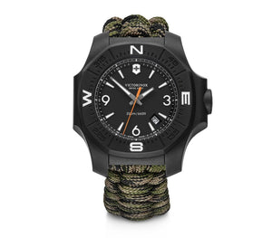 Victorinox INOX 241894 White Markers On Black Dial Camou Paracord Steel Case Orange Rubber Wrist Shot With Bumper