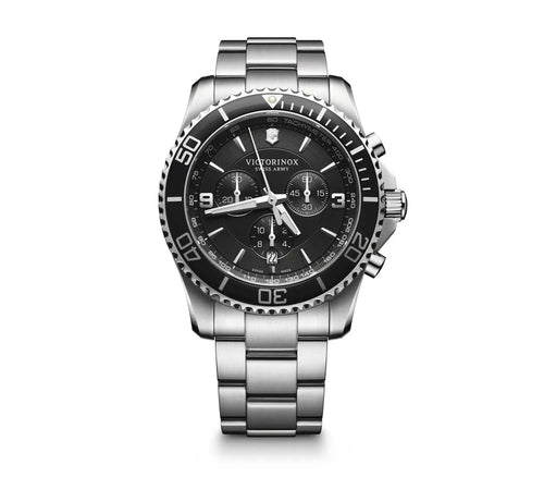 Victorinox Maverick 241695 Stainless Steel Case With Silver Markers On Black Dial On Stainless Steel Wrist Shot