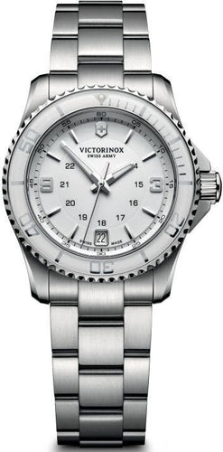 Victorinox Maverick 241699 Stainless Steel Case With Bezel On White Dial With Silver Markers On Stainless Steel Wrist Shot