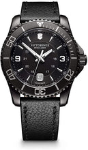 Load image into Gallery viewer, Victorinox Maverick 241787 Black Stainless Steel Case With Silver Markers On Black Dial On Black Leather Wrist Shot
