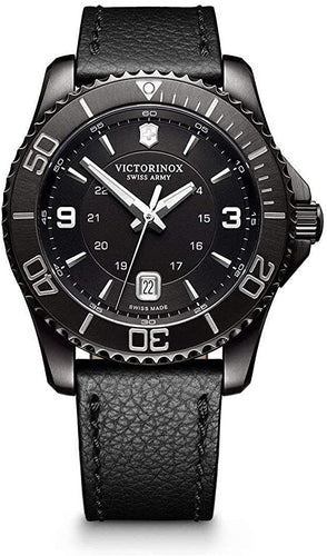 Victorinox Maverick 241787 Black Stainless Steel Case With Silver Markers On Black Dial On Black Leather Wrist Shot