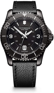 Victorinox Maverick 241787 Black Stainless Steel Case With Silver Markers On Black Dial On Black Leather Wrist Shot