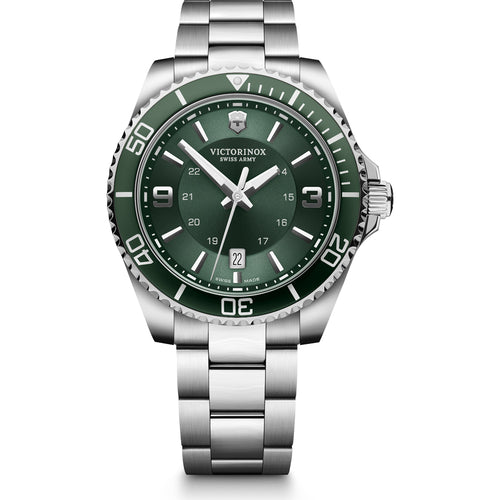 Victorinox Maverick 241934 Green Bezel With Silver Markers On Green Dial And Stainless Steel Wrist Shot