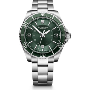Victorinox Maverick 241934 Green Bezel With Silver Markers On Green Dial And Stainless Steel Wrist Shot